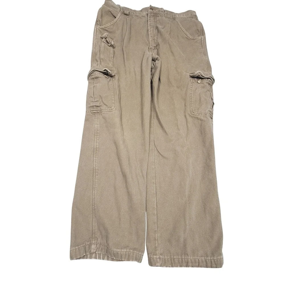 Cabelas Flannel Lined Cargo Pants Mens 34 Reg Khaki Tan Canvas Plaid Lined Work